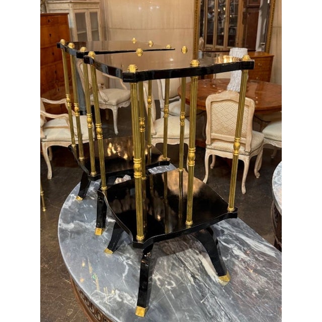 Transitional Pair of Italian Jansen Manner Black Lacquered and Brass Side Table For Sale - Image 3 of 5