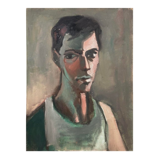 Vintage 1950s Modernist Portrait of Young Man, Oil on Board For Sale