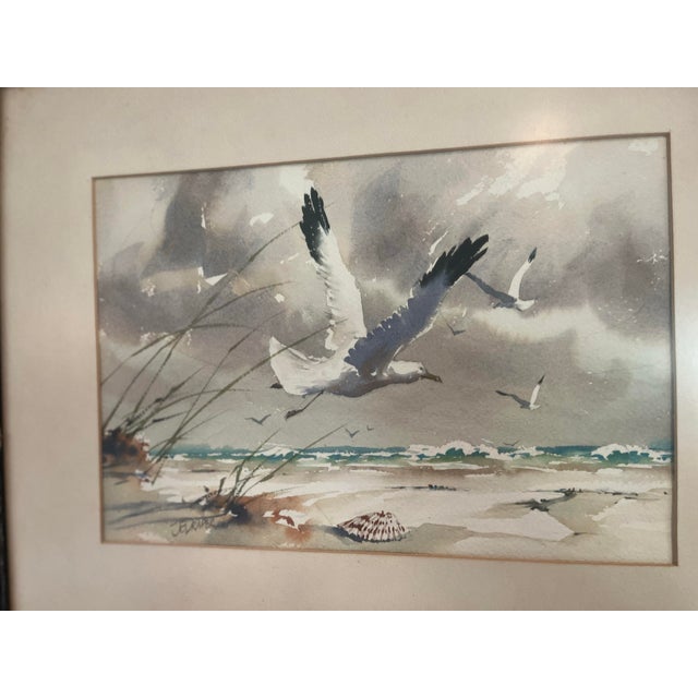 1970s 1970s J. Everett Draper Original Coastal Watercolor of Seagulls Over Beach For Sale - Image 5 of 8