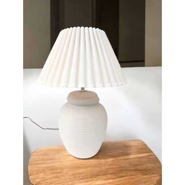 Contemporary 1970s Cream Ribbed Pottery Lamp With Pleated Lamp Shade For Sale - Image 3 of 9
