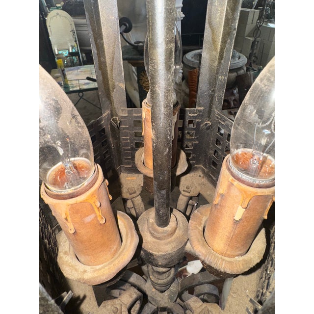 Black 1920s Spanish Revival Wrought Iron Pendant Lantern For Sale - Image 8 of 11