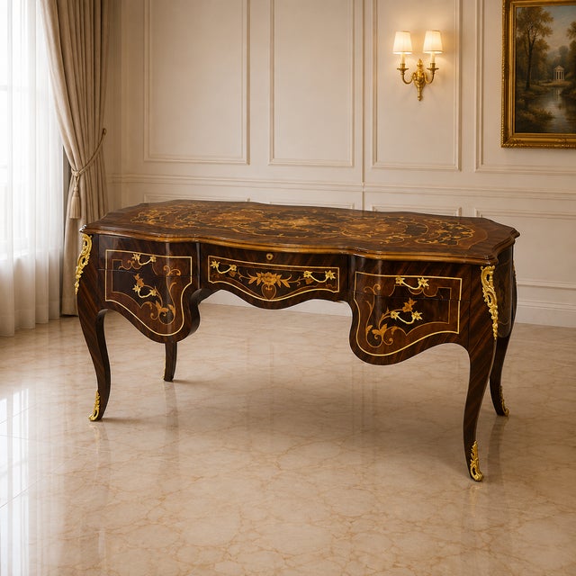 Make a statement with this magnificent French Rococo-style executive desk, crafted in rich wood and decorated with...