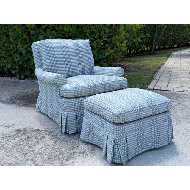 English Vintage Skirted Lounge Chair & Ottoman With Carved Claw Feet For Sale - Image 3 of 17