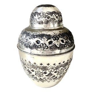 Vintage Floral Repousse & Chased Silver Ginger Jar / Tea Canister Urn For Sale