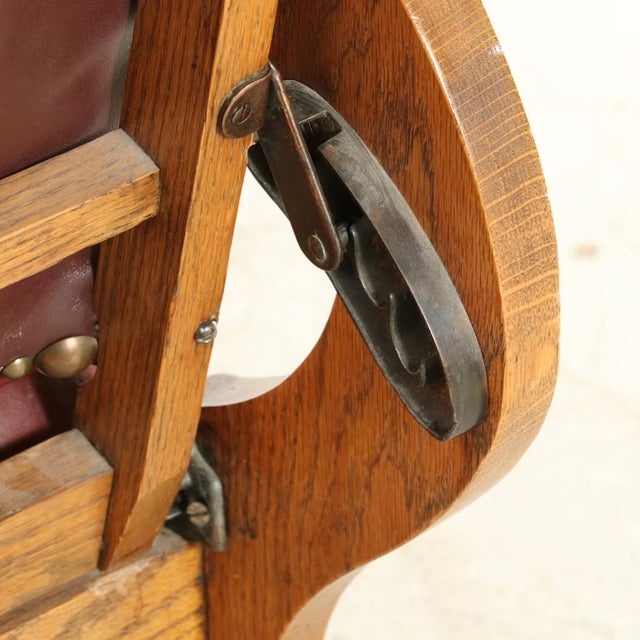 1910s 1910s S.A. Cook Upholstered Oak Recliner Chair With Carved Lion Head and Scrollwork For Sale - Image 5 of 10