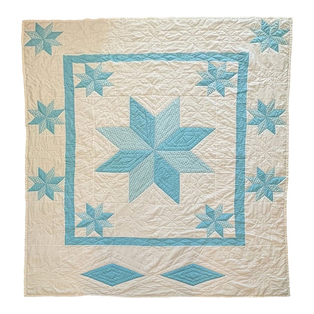 Vintage Handmade Quilted Turquoise and White Lone Star Quilt For Sale