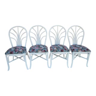 1980s Bamboo Dining Chairs Tropical Style New Paint and Multicolor Upholstery Set of 4 For Sale