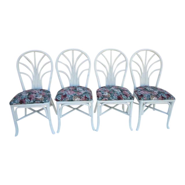 1980s Bamboo Dining Chairs Tropical Style New Paint and Multicolor Upholstery Set of 4 For Sale