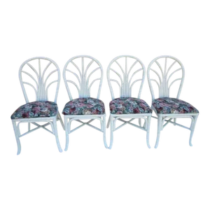 1980s Bamboo Dining Chairs Tropical Style New Paint and Multicolor Upholstery Set of 4