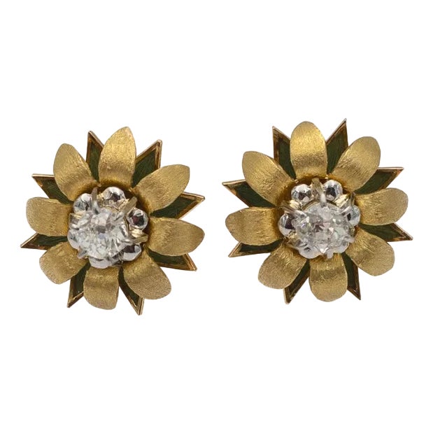 Gold Earrings with Diamonds, 1940s, Set of 2 For Sale