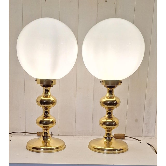 Metal Vintage Brass Table Lamps with White Glass Shades, 1970s, Set of 2 For Sale - Image 7 of 7