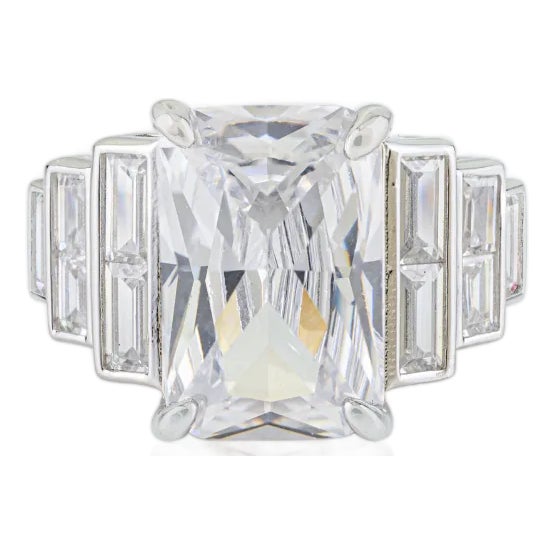 Art Deco Emerald Cut Cz Cocktail Ring in 925 Sterling Silver - Statement Ring Size 8 For Sale