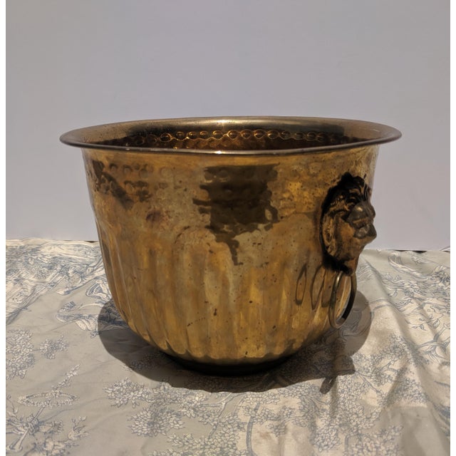 Mid 20th Century Vintage Hammered Brass Cachepot Jardiniere With Lion Head Ring Pulls For Sale - Image 5 of 11