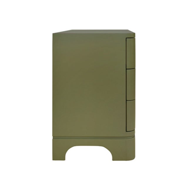 Matthew Izzo Home Fortune Olive Matte Lacquer Three Drawer Side Table With Brass Beetle Knobs For Sale - Image 9 of 11