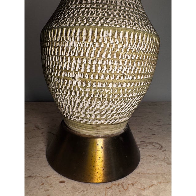 Mid 20th Century Mid 20th Century Large Handmade Bitossi-Style Green Ceramic Lamp With Etching & Brass Base For Sale - Image 5 of 12