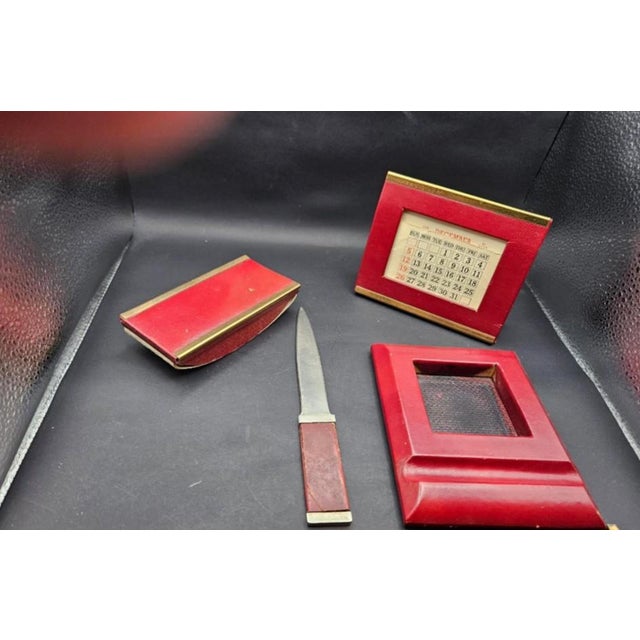Metal Vintage 1940s Burgundy Leather Desk Accessory Set 4 Pieces For Sale - Image 7 of 8