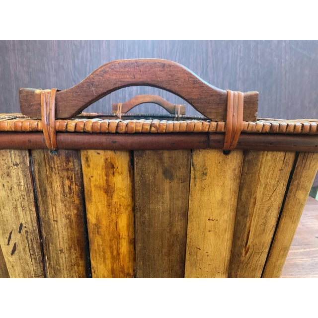 Mid 20th Century Mid 20th Century Rattan Bamboo and Wood Basket With Handles For Sale - Image 5 of 10