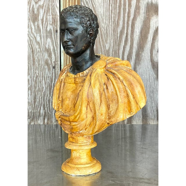 A striking vintage neoclassical plaster bust of man. A chic Grand Tour figure with a gorgeous hand painted finish....