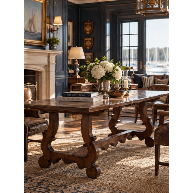 A substantial trestle table with a generous solid wood top and a sculptural carved base. Shaped supports and a scalloped...