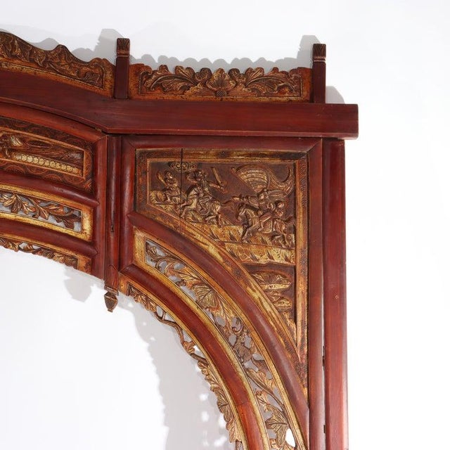 Early 20th Century Vintage Chinese Gilt & Vermillion Scenic Carved Rosewood Doorway Entry Panel For Sale - Image 5 of 16
