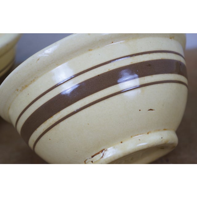 Antique Yellow Stoneware Nesting Mixing Bowls Brown Stripe Usa- Set of 5 For Sale - Image 10 of 12