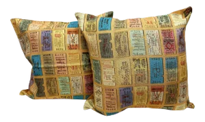 Pair of 22" Square Pillows Covered in a Railroad Ticket Pattern - Made in Uk.