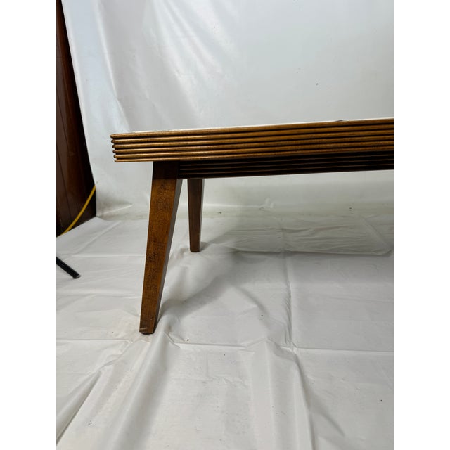 Chestnut Mid-Century Splayed Leg Inset Marble Coffee Table For Sale - Image 8 of 9