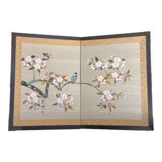 Vintage Furosaki-Byobu Two-Panel Hand-Painted Silk Screen For Sale