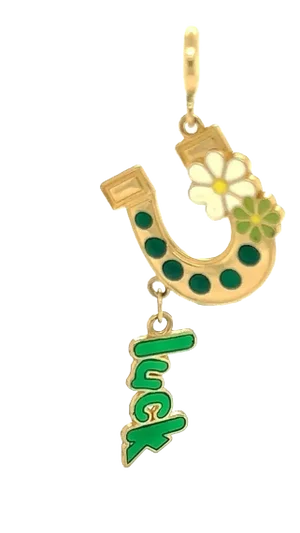14k Yellow Gold Enamel Irish Style Horse Shoe Lucky Charm Pendant