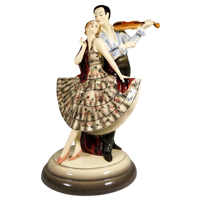 Large Viennese Group Dancer with Violinist by Josef Lorenzl for Goldscheider Manufactory of Vienna, 1930s For Sale
