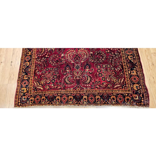 Antique Persian Sarouk Area Rug, Hand-Knotted Wool, Allover Floral Pattern, 4x6, Red & Navy For Sale - Image 13 of 17