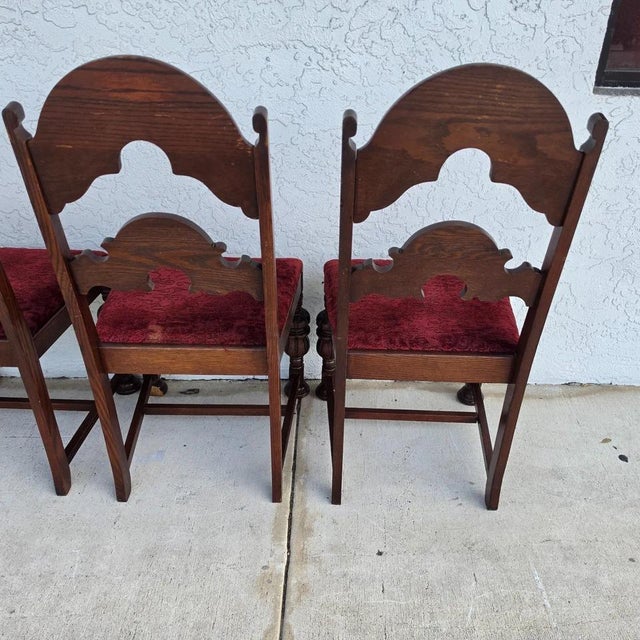 Antique English Oak Tudor Jacobean Dining Chairs 1930's Set of 4 For Sale - Image 15 of 18