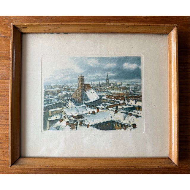 Small vintage framed color etching of the Viktualienmarkt in Munich, Germany likely by an artist from the Kasimir family...