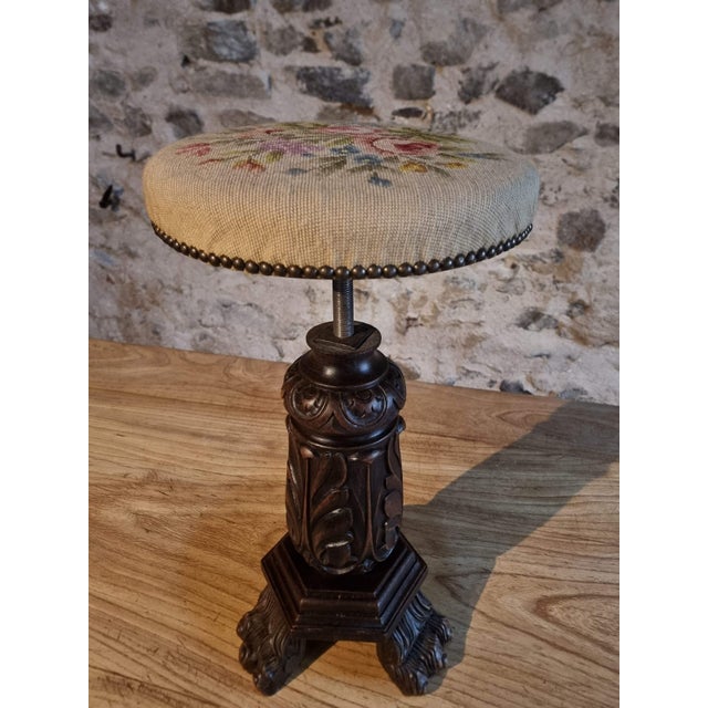 Wood Antique Height-Adjustable Piano Stool in Carved Wood, 1900s For Sale - Image 7 of 12