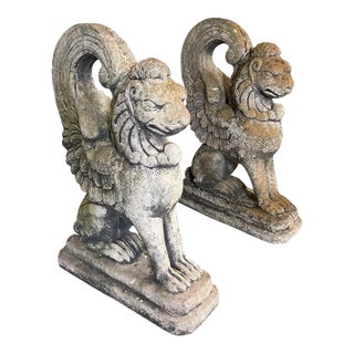 Pair of Vintage Cast Stone Winged Griffins For Sale