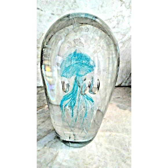 Glass 1970s Paperweight Jellyfish 7" Handblown Glass Man-O-War Ocean Blue Clear Egg Shaped For Sale - Image 7 of 10