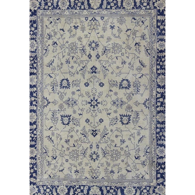 Floral Vintage Oushak in Blue and Cream With All-Over Design For Sale - Image 4 of 13