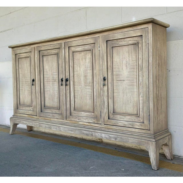Timeless Rustic Antique White Wood Four Door Buffet, six shelves showroom flor sample