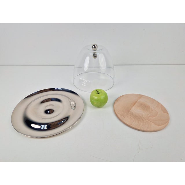 Wood Flow Glass Dome with Serving Dish in Stainless Steel by Gijs Bakker for Royal VKB Walnut, 2000, Set of 3 For Sale - Image 7 of 12