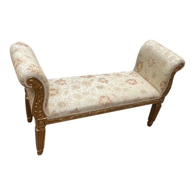 Ornate Gold & Cream Floral Upholstered Bench With Carved Beechwood Arms For Sale