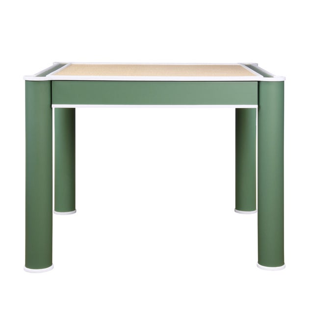Wood Matthew Izzo Home Jacky Square GrassclothTop, Round Leg, Two Drawer Game Table in Matte Green With Matte White Lacquer Edging For Sale - Image 7 of 7