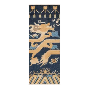 Rug & Kilim’s Chinese Style Pictorial Dragon Runner Rug in Navy Blue and Gold