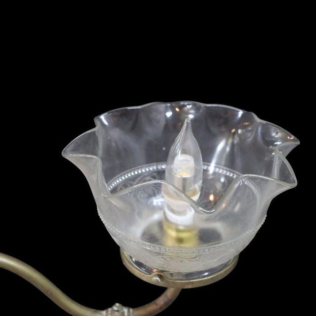 Late 19th Century Brass 2-Arm Electrified Gas Chandelier With Pressed Glass Shades C1890 For Sale - Image 5 of 10