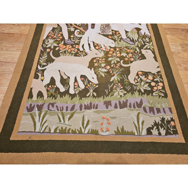 Olive Vintage American Hand Hooked Rug, Wool & Cotton, Forest Scene Design, 4x6 For Sale - Image 8 of 14