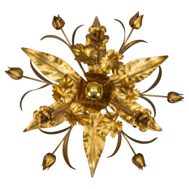 Hollywood Regency Gilt Metal Flower Shaped Flush Mount, 1970s For Sale - Image 16 of 16