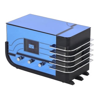 Art Deco Style Crosley Cr38 Sleigh Radio in Blue Glass & Chrome For Sale
