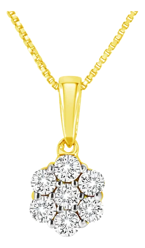 14K Yellow Gold 1/4 Cttw Prong Set Round-Cut Diamond 7 Stone Floral Cluster 18" Pendant Necklace