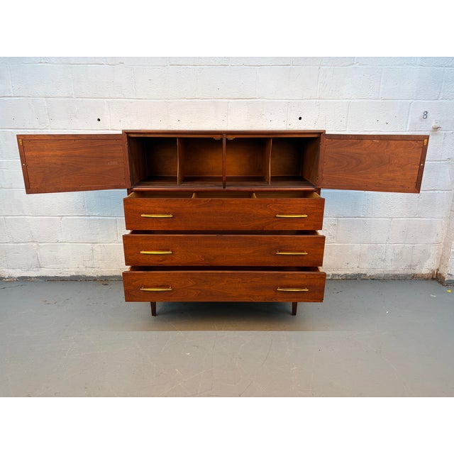 Wood Mid 20th Century Walnut and Cane Highboy Dresser by Ramseur Furniture For Sale - Image 7 of 13