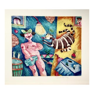 Jose Esteban Martinez Nude Woman With Cat C. 1990 Original Print For Sale