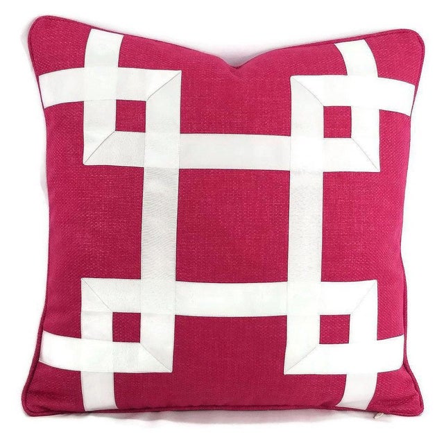 Dark Pink Basket Woven White Ribbon Embellished Pillow Cover For Sale In Portland, OR - Image 6 of 6